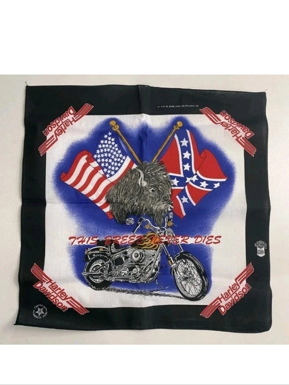 Vintage Harley Davidson Bandana 80s Breed Never Dies BUFFALO Made In USA FLAG